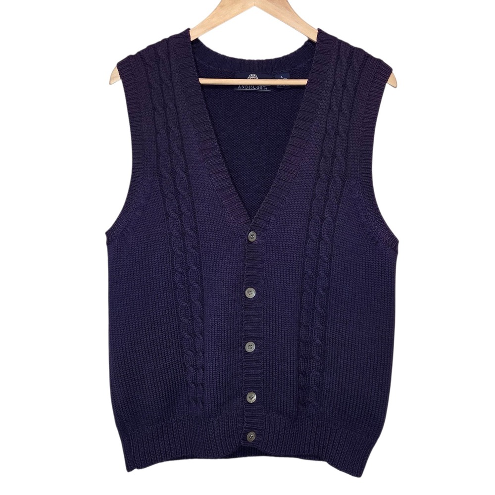 Vtg Mens Cable Knit Wool Vest Navy Blue Size L Academia Old‎ Money Classic